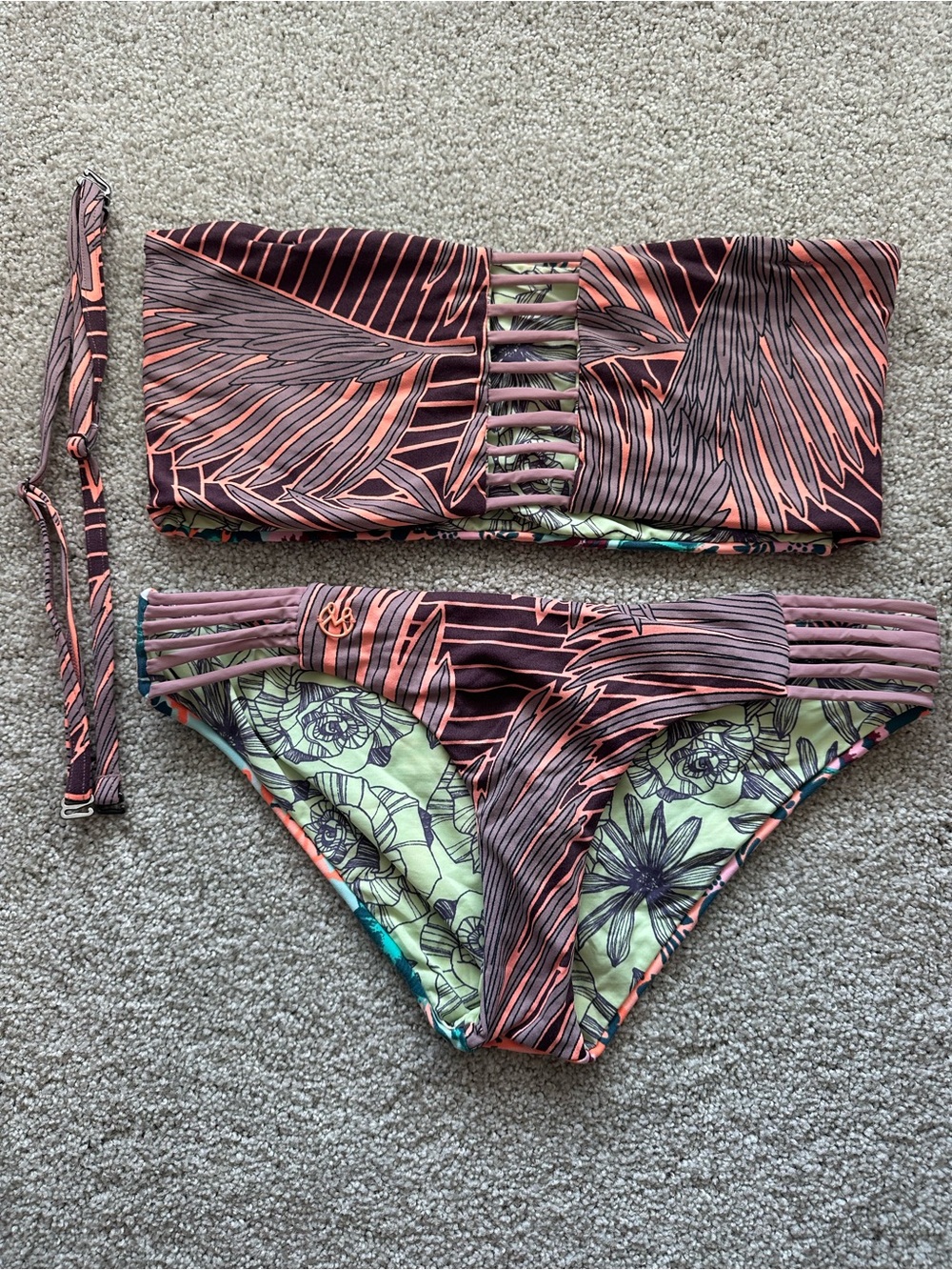 Maaji Strapless Floral Bikini Set in Pink and Brown with Green Lining